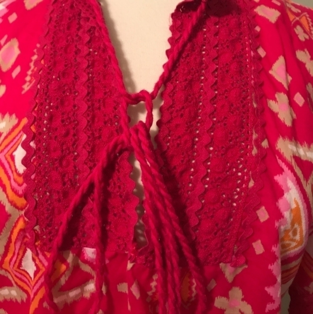 Tory Burch Crochet Tunic Top Tassels Pink Orange Women's 6 V-Neck 100% Cotton - Picture 4 of 9